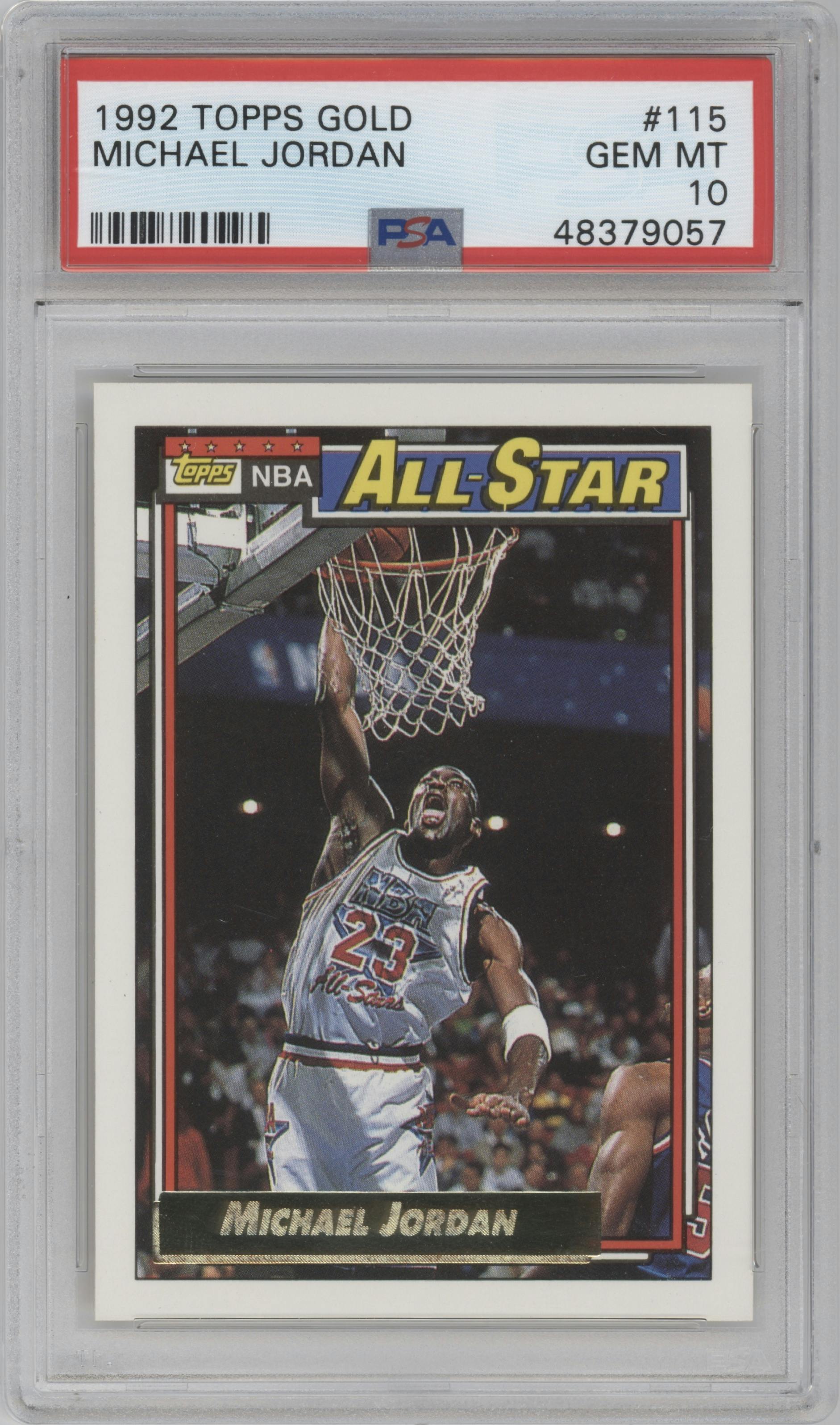 Michael Jordan from the 1992-93 Topps set featuring a Gold parallel graded by PSA and given an overall grade of 10.