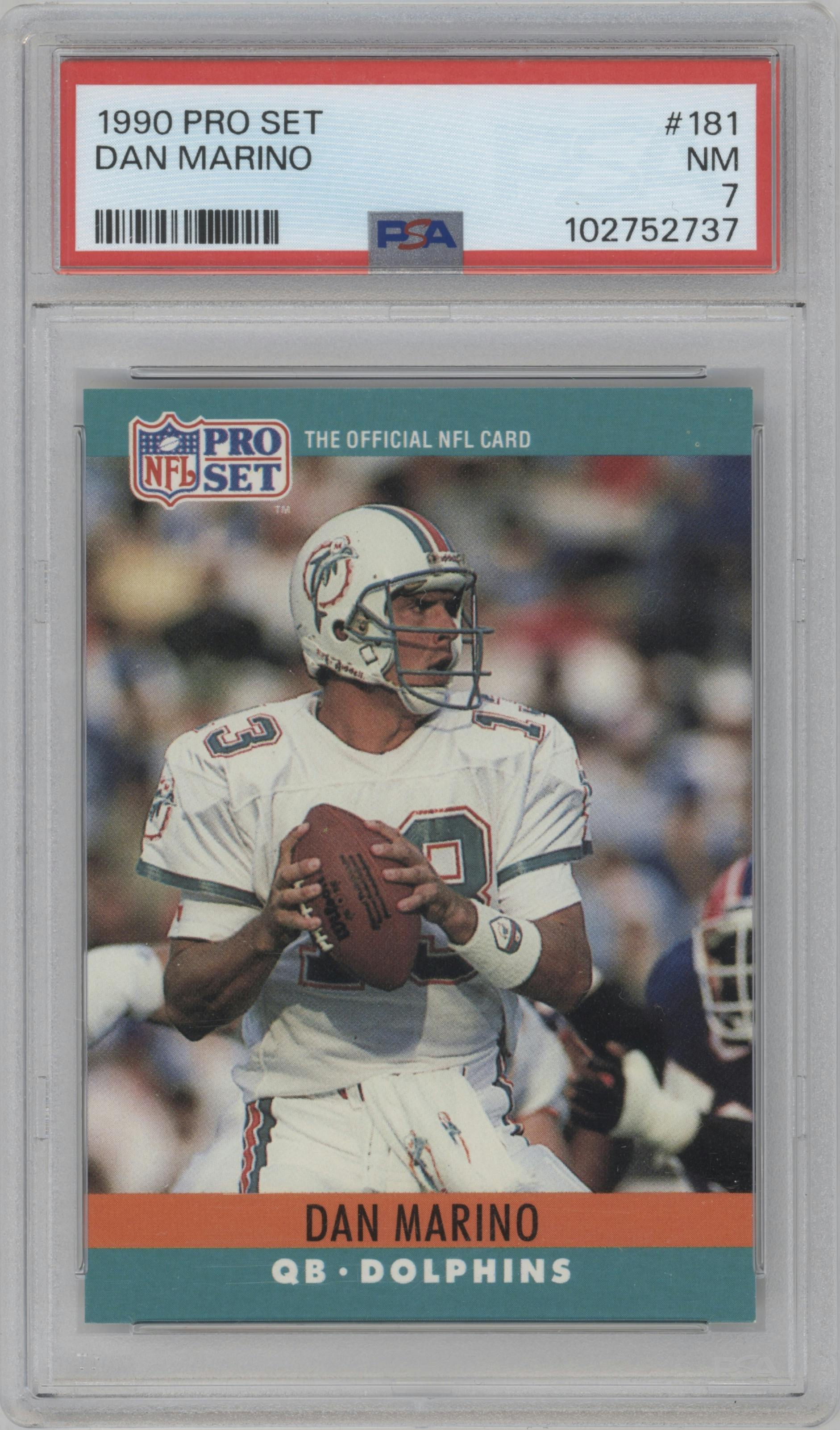 Dan Marino from the 1990 Pro Set set graded by PSA and given an overall grade of 7.