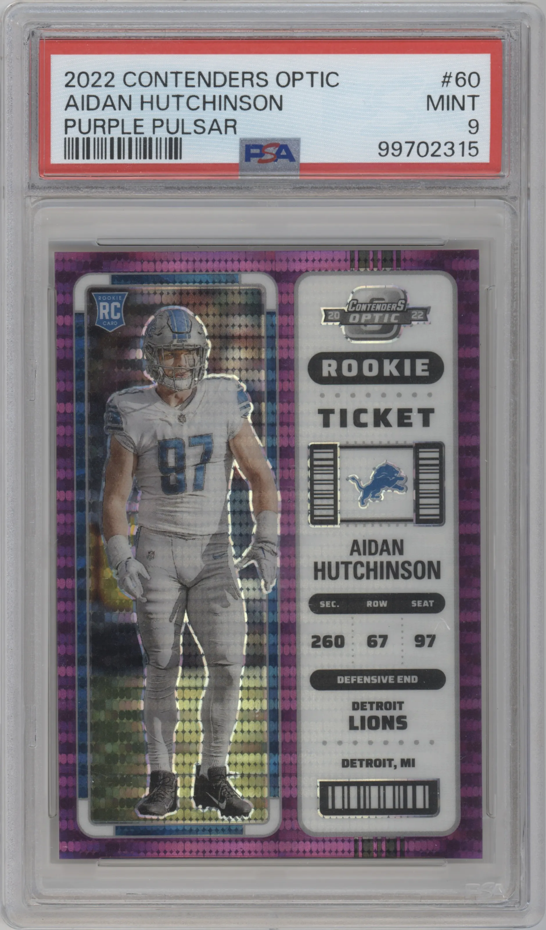 2022 Panini Contenders Optic Rke.Tkt. Aidan Hutchinson Purple Pulsar PSA 9
