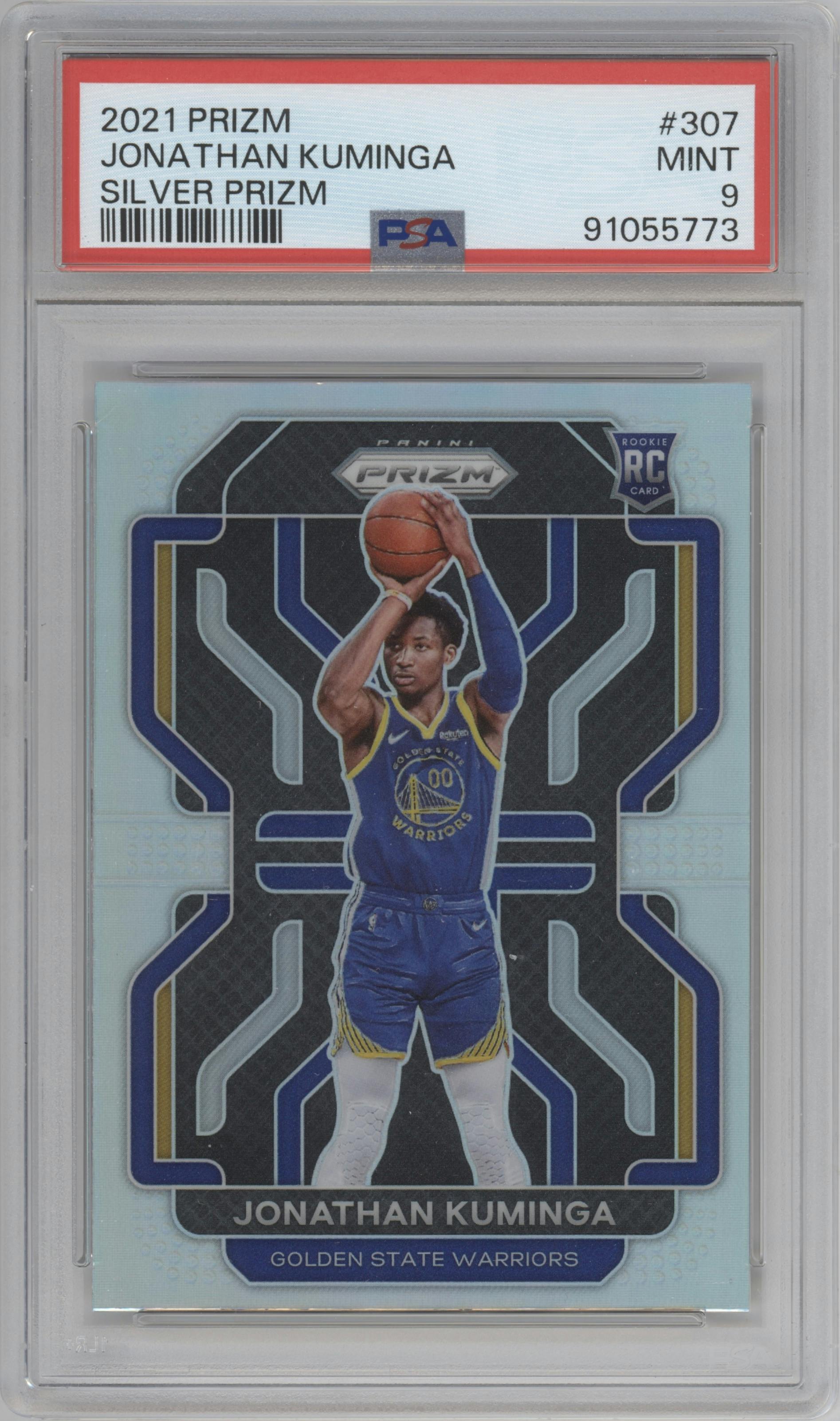  Jonathan Kuminga  from the 2021-22 Panini Prizm  set featuring a Silver Prizm parallel graded by PSA and given an overall grade of 9.