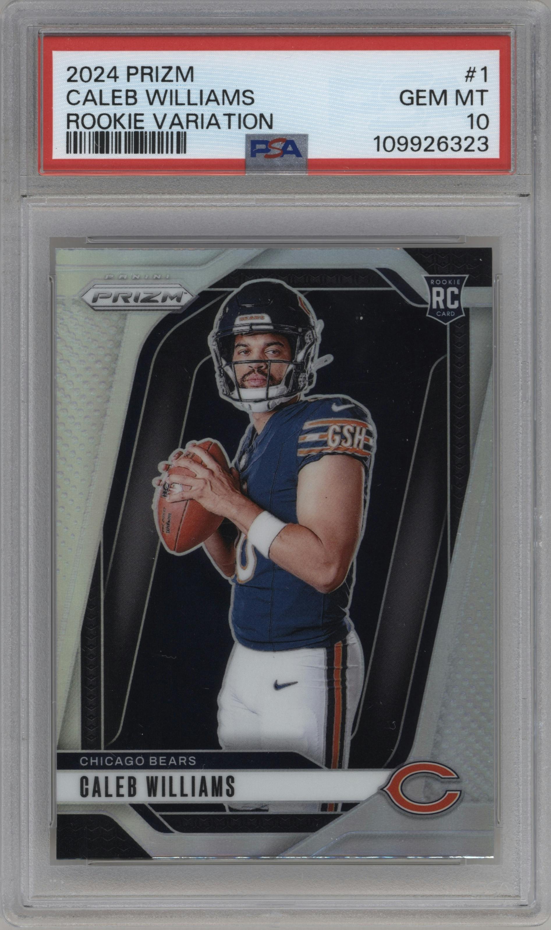 Caleb Williams from the 2024 Panini Prizm set graded by PSA and given an overall grade of 10.