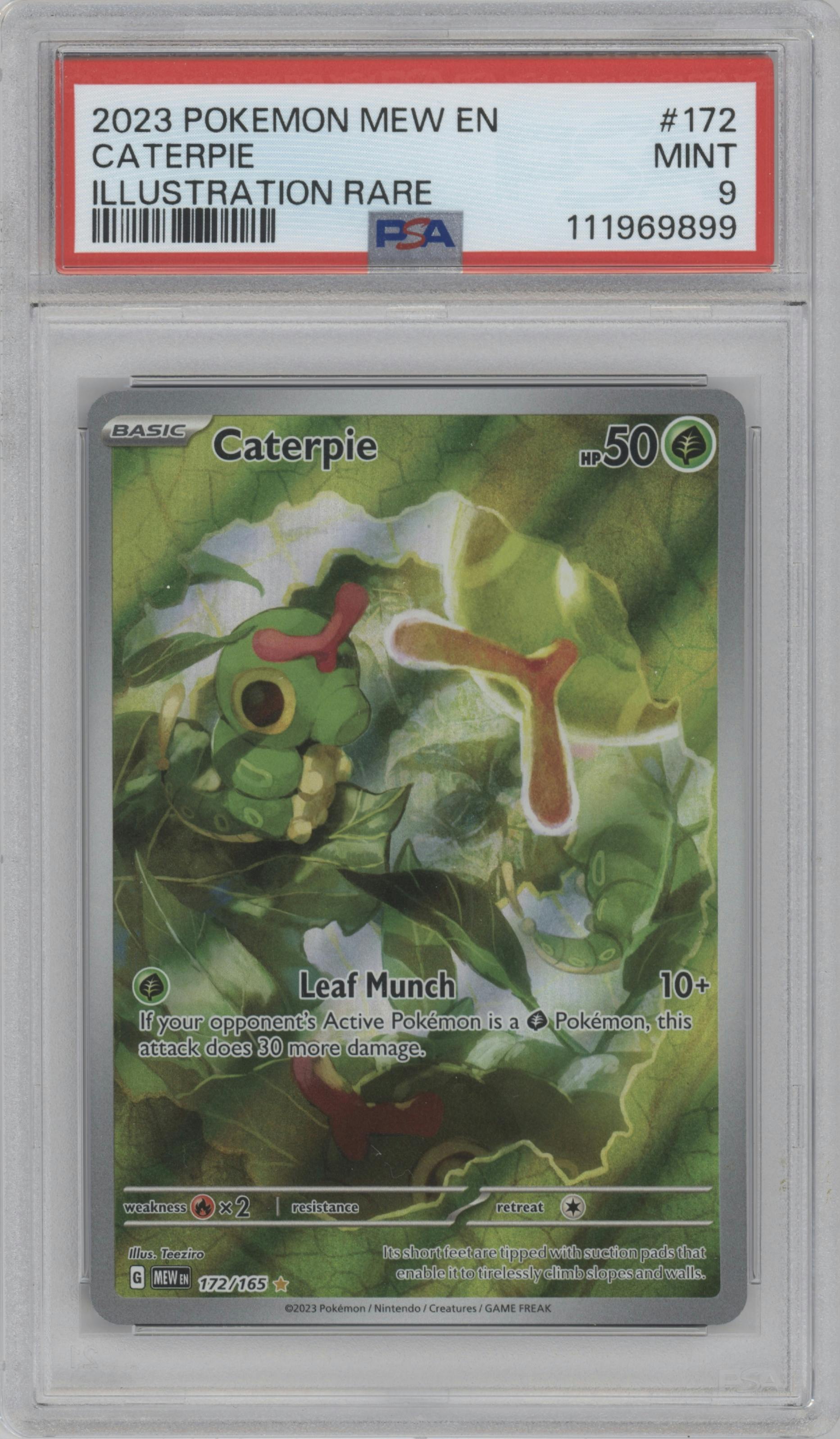Caterpie from the 2023 Pokemon SV set graded by PSA and given an overall grade of 9.