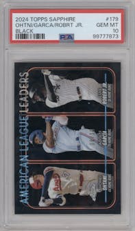 Shohei Ohtani/Adolis Garcia/Luis Robert Jr. from the 2024 Topps Chrome Sapphire set featuring a Black Sapphire parallel graded by PSA and given an overall grade of 10.