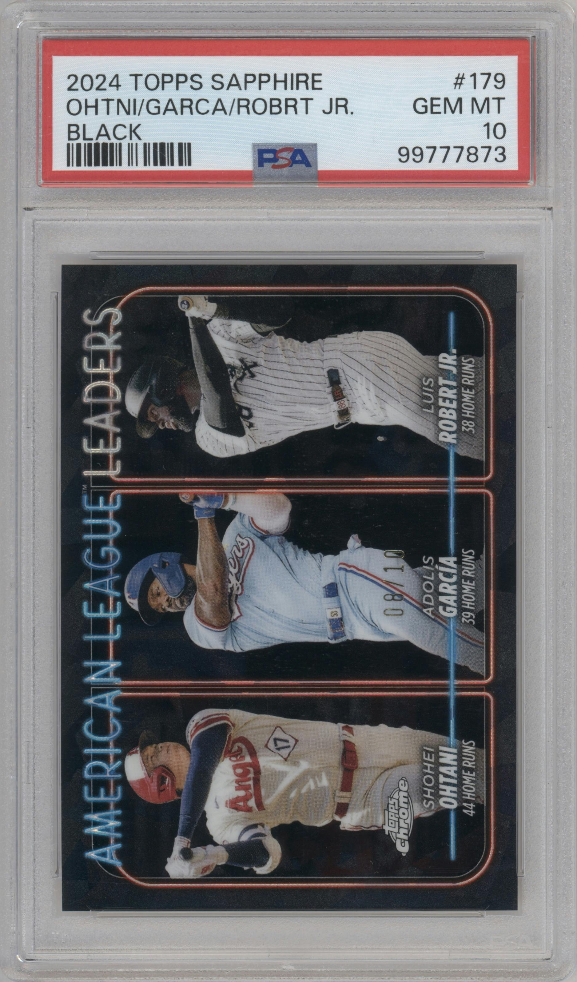 Shohei Ohtani/Adolis Garcia/Luis Robert Jr. from the 2024 Topps Chrome Sapphire set featuring a Black Sapphire parallel graded by PSA and given an overall grade of 10.