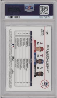 Shohei Ohtani/Adolis Garcia/Luis Robert Jr. from the 2024 Topps Chrome Sapphire set featuring a Black Sapphire parallel graded by PSA and given an overall grade of 10.