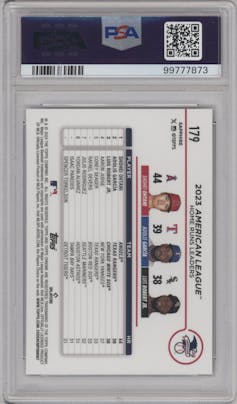 Shohei Ohtani/Adolis Garcia/Luis Robert Jr. from the 2024 Topps Chrome Sapphire set featuring a Black Sapphire parallel graded by PSA and given an overall grade of 10.