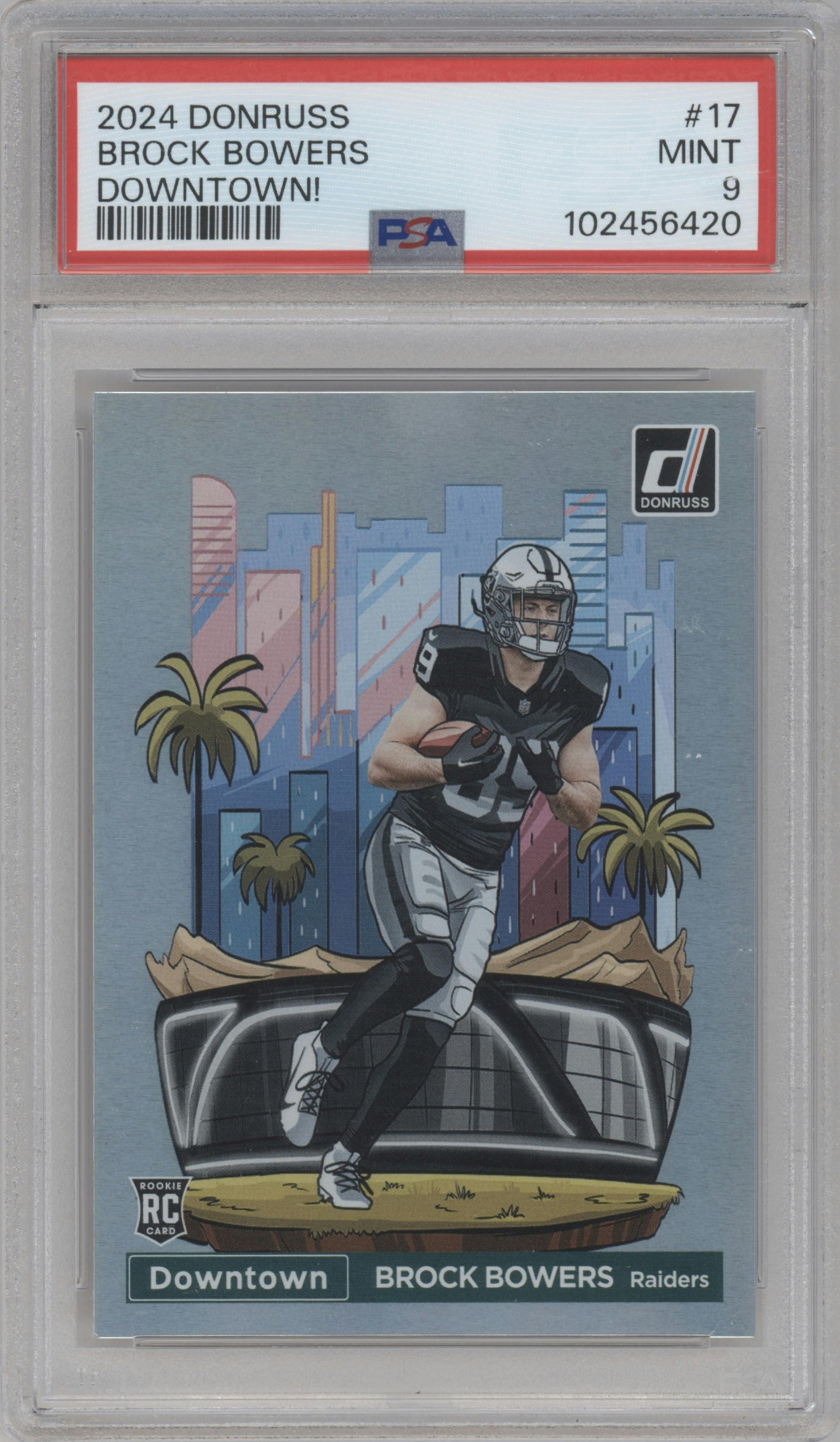 Brock Bowers from the 2024 Donruss set graded by PSA and given an overall grade of 9.