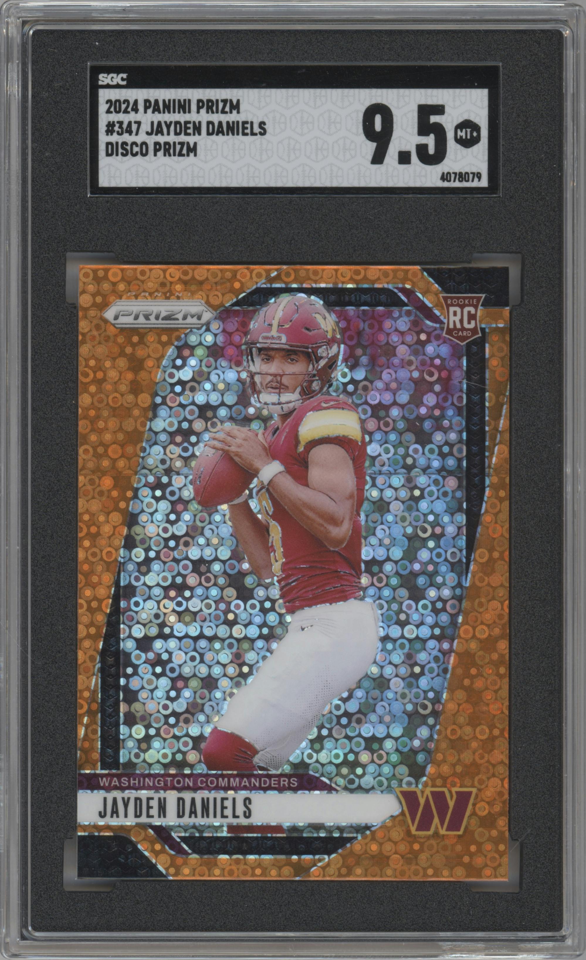 Jayden Daniels from the 2024 Panini Prizm set featuring a Disco parallel graded by SGC and given an overall grade of 9.5.