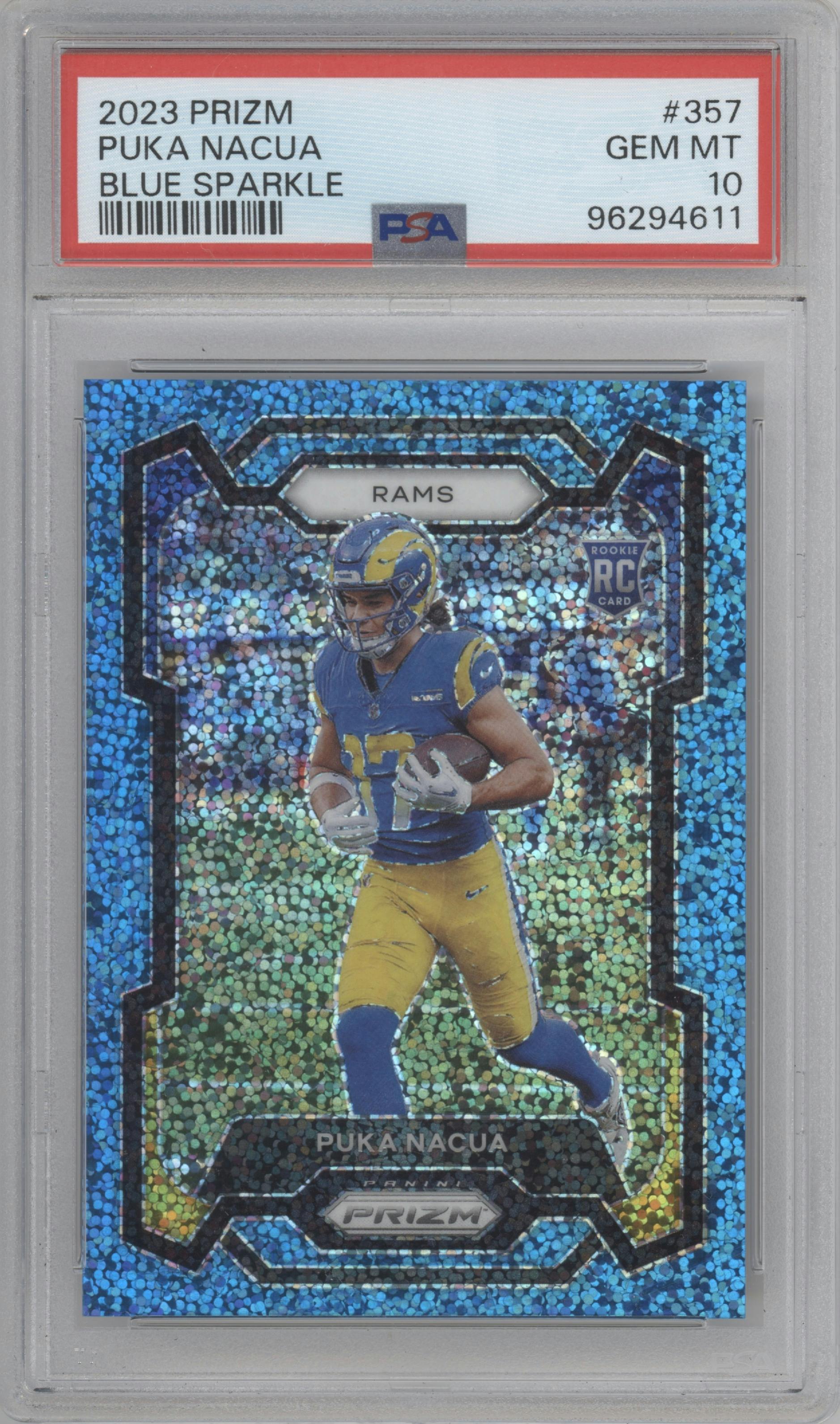 Puka Nacua from the 2023 Panini Prizm set featuring a Blue Sparkle parallel graded by PSA and given an overall grade of 10.