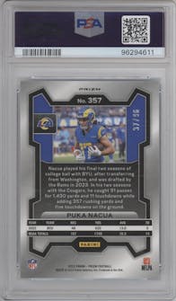 Puka Nacua from the 2023 Panini Prizm set featuring a Blue Sparkle parallel graded by PSA and given an overall grade of 10.