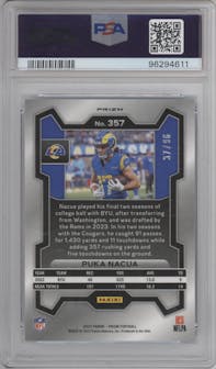 Puka Nacua from the 2023 Panini Prizm set featuring a Blue Sparkle parallel graded by PSA and given an overall grade of 10.