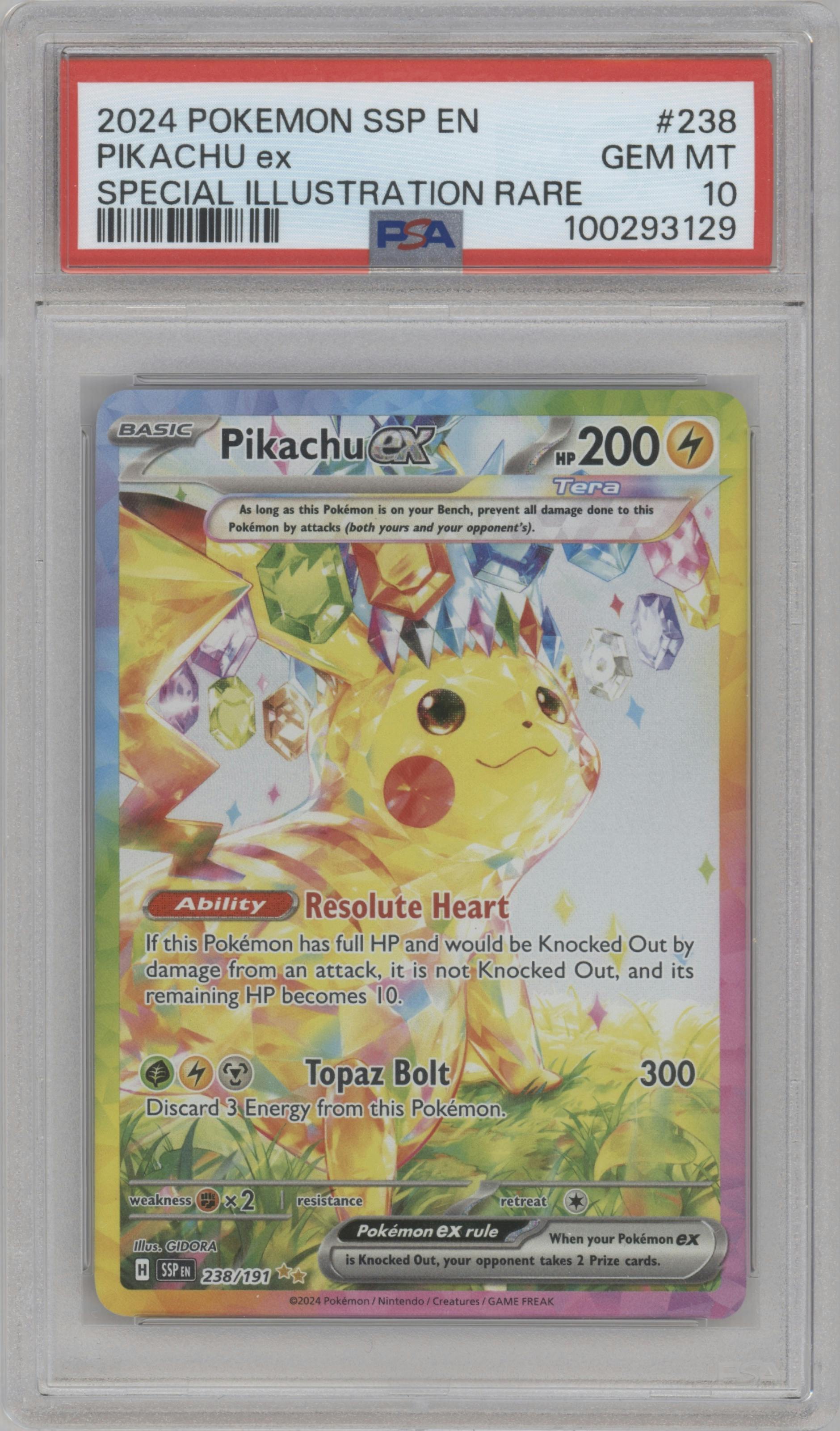 Pikachu ex from the 2024 Pokemon SV set graded by PSA and given an overall grade of 10.