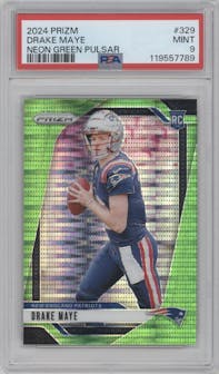Drake Maye from the 2024 Panini Prizm set featuring a Neon Green Pulsar  parallel graded by PSA and given an overall grade of 9.