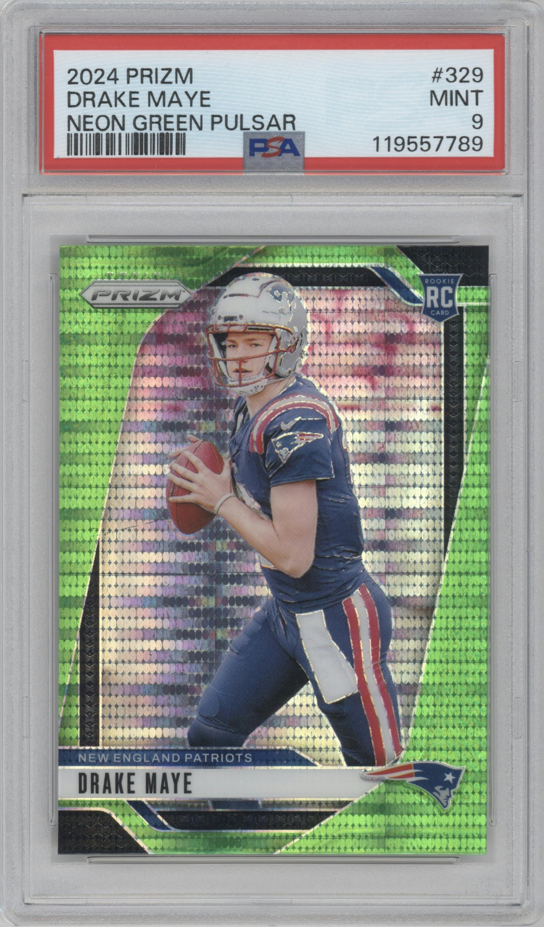 Drake Maye from the 2024 Panini Prizm set featuring a Neon Green Pulsar  parallel graded by PSA and given an overall grade of 9.