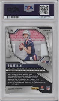 Drake Maye from the 2024 Panini Prizm set featuring a Neon Green Pulsar  parallel graded by PSA and given an overall grade of 9.