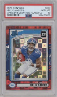 Malik Nabers from the 2024 Donruss set featuring a Red Pandora parallel graded by PSA and given an overall grade of 10.