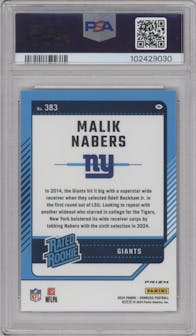 Malik Nabers from the 2024 Donruss set featuring a Red Pandora parallel graded by PSA and given an overall grade of 10.