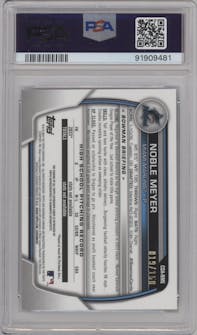 Noble Meyer from the 2023 Bowman Draft set featuring a Blue Refractor parallel graded by PSA and given an overall grade of 10.