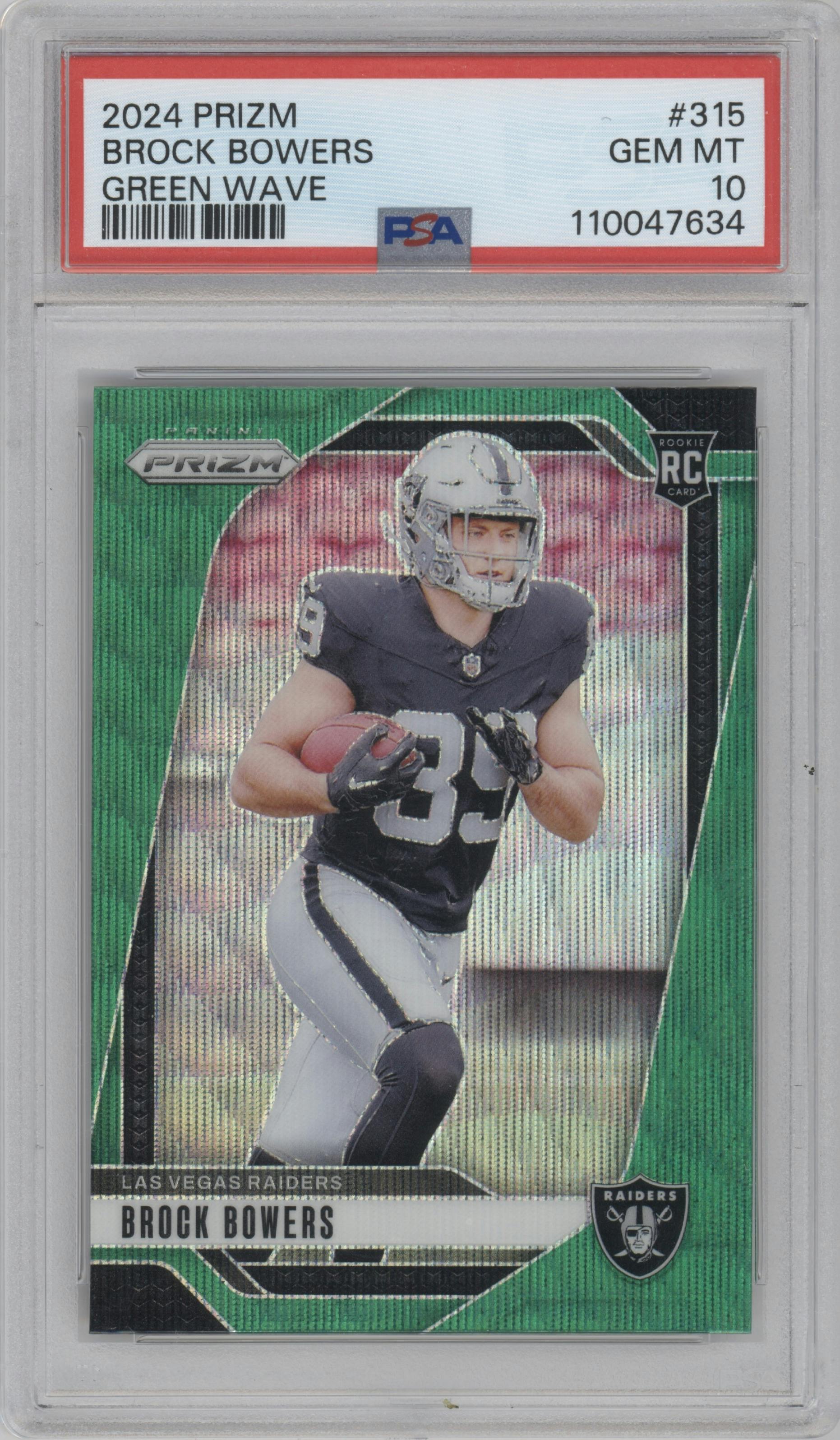 Brock Bowers from the 2024 Panini Prizm set featuring a Green Wave parallel graded by PSA and given an overall grade of 10.