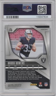 Brock Bowers from the 2024 Panini Prizm set featuring a Green Wave parallel graded by PSA and given an overall grade of 10.