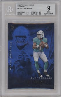Tua Tagovailoa from the 2020 Panini Illusions set featuring a Trophy Collection Sapphire parallel graded by Beckett and given an overall grade of 9.