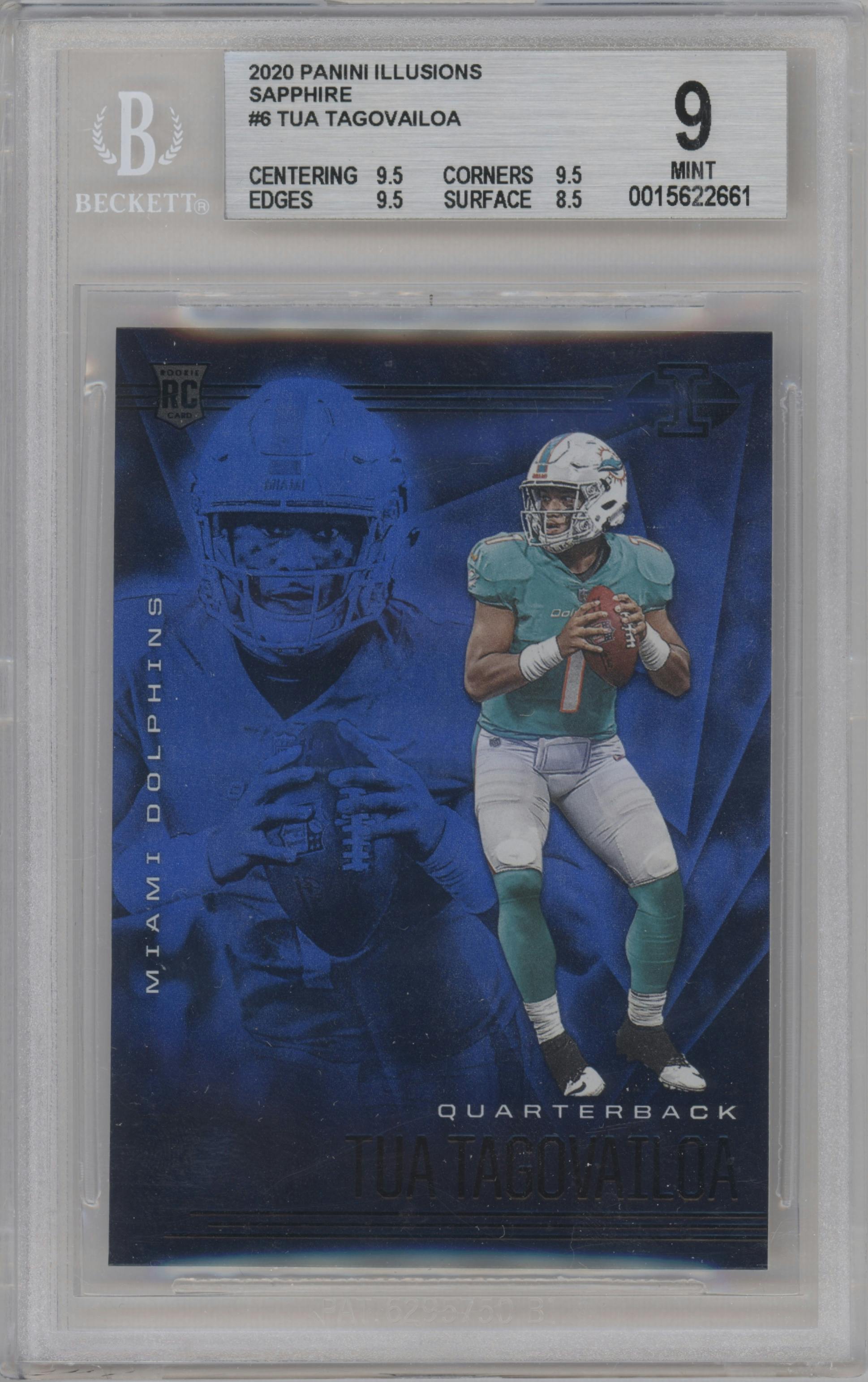 Tua Tagovailoa from the 2020 Panini Illusions set featuring a Trophy Collection Sapphire parallel graded by Beckett and given an overall grade of 9.