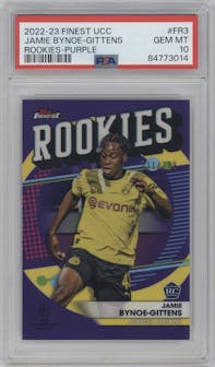 Jamie Bynoe-Gittens from the 2022-23 Finest UEFA Club Competitions set featuring a Purple Refractor parallel graded by PSA and given an overall grade of 10.