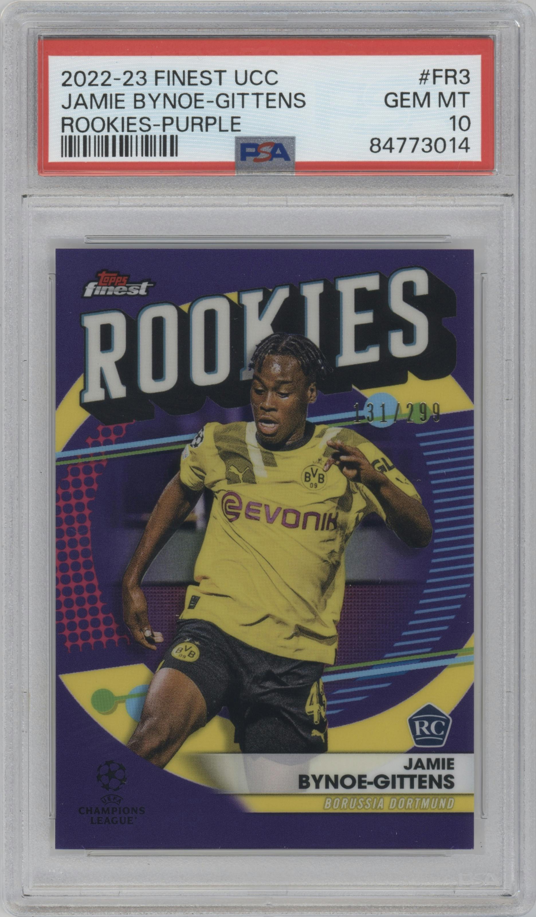Jamie Bynoe-Gittens from the 2022-23 Finest UEFA Club Competitions set featuring a Purple Refractor parallel graded by PSA and given an overall grade of 10.