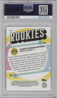 Jamie Bynoe-Gittens from the 2022-23 Finest UEFA Club Competitions set featuring a Purple Refractor parallel graded by PSA and given an overall grade of 10.