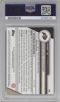 Shedeur Sanders from the 2023 Bowman Chrome University set featuring a Gold Lava Refractor parallel graded by PSA and given an overall grade of 10.