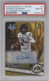 Shedeur Sanders from the 2023 Bowman Chrome University set featuring a Gold Lava Refractor parallel graded by PSA and given an overall grade of 10.