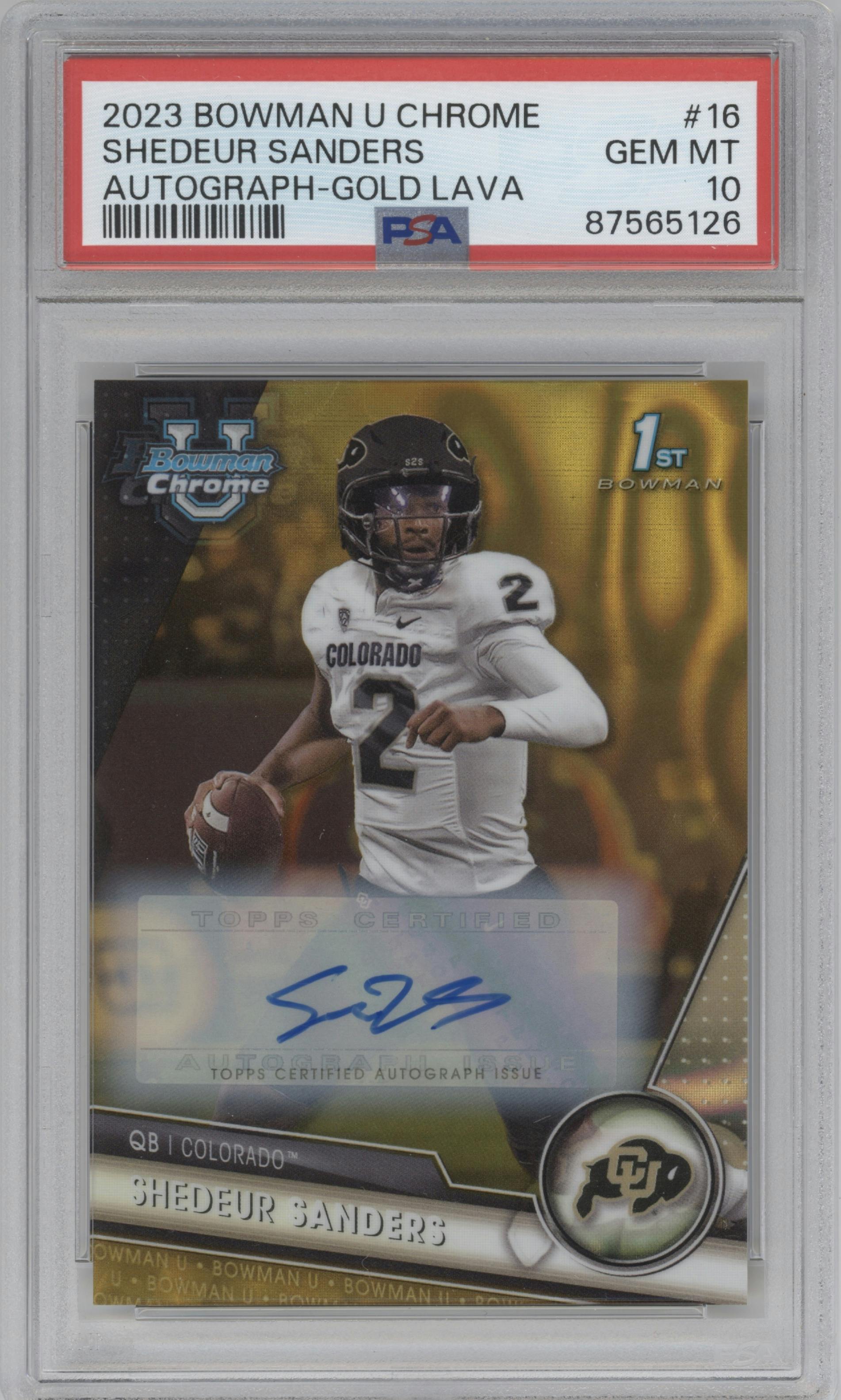 Shedeur Sanders from the 2023 Bowman Chrome University set featuring a Gold Lava Refractor parallel graded by PSA and given an overall grade of 10.