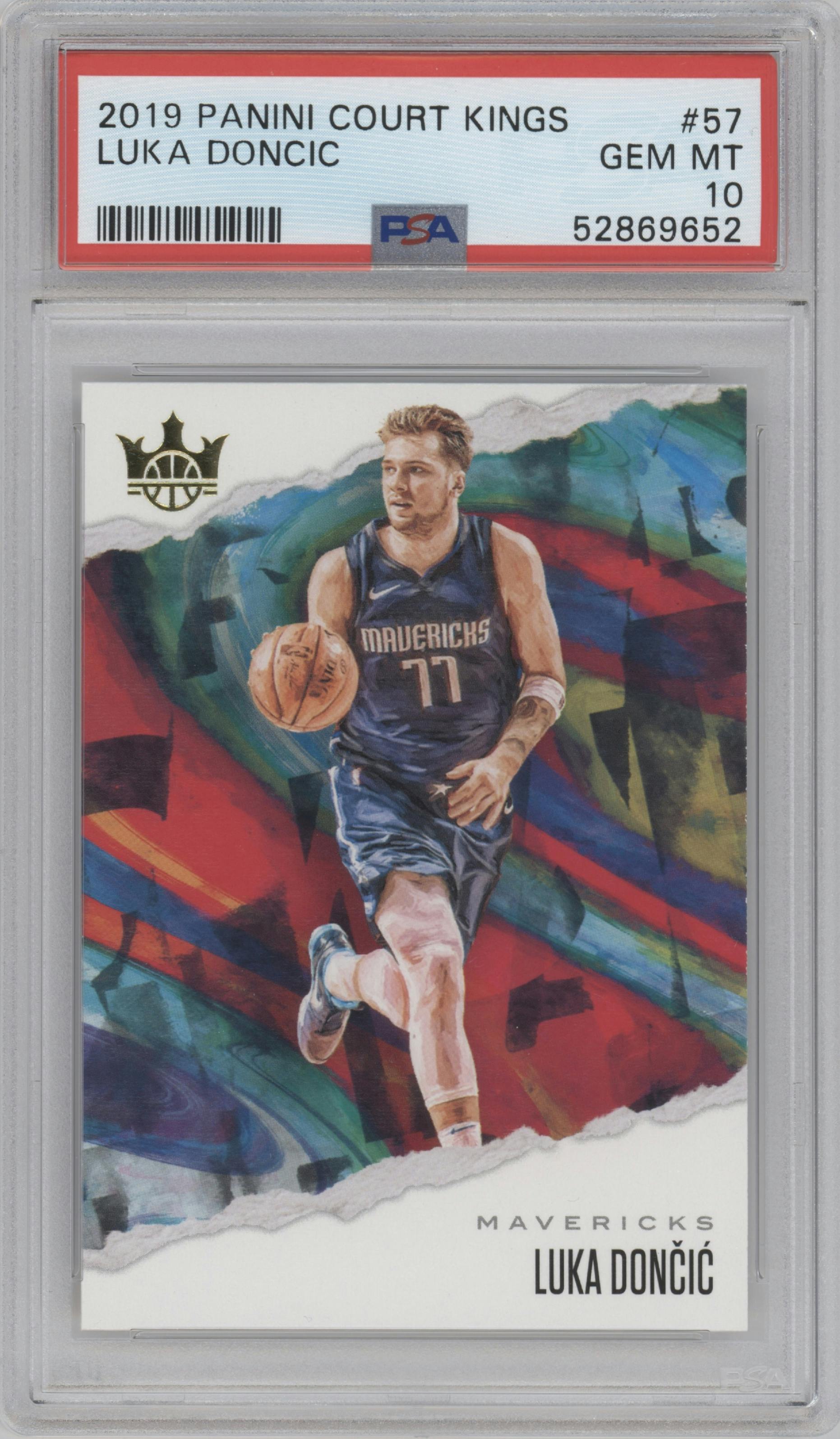 Luka Doncic from the 2019-20 Panini Court Kings set graded by PSA and given an overall grade of 10.