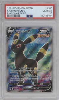 Umbreon V from the 2021 Pokemon SWSH set graded by PSA and given an overall grade of 10.