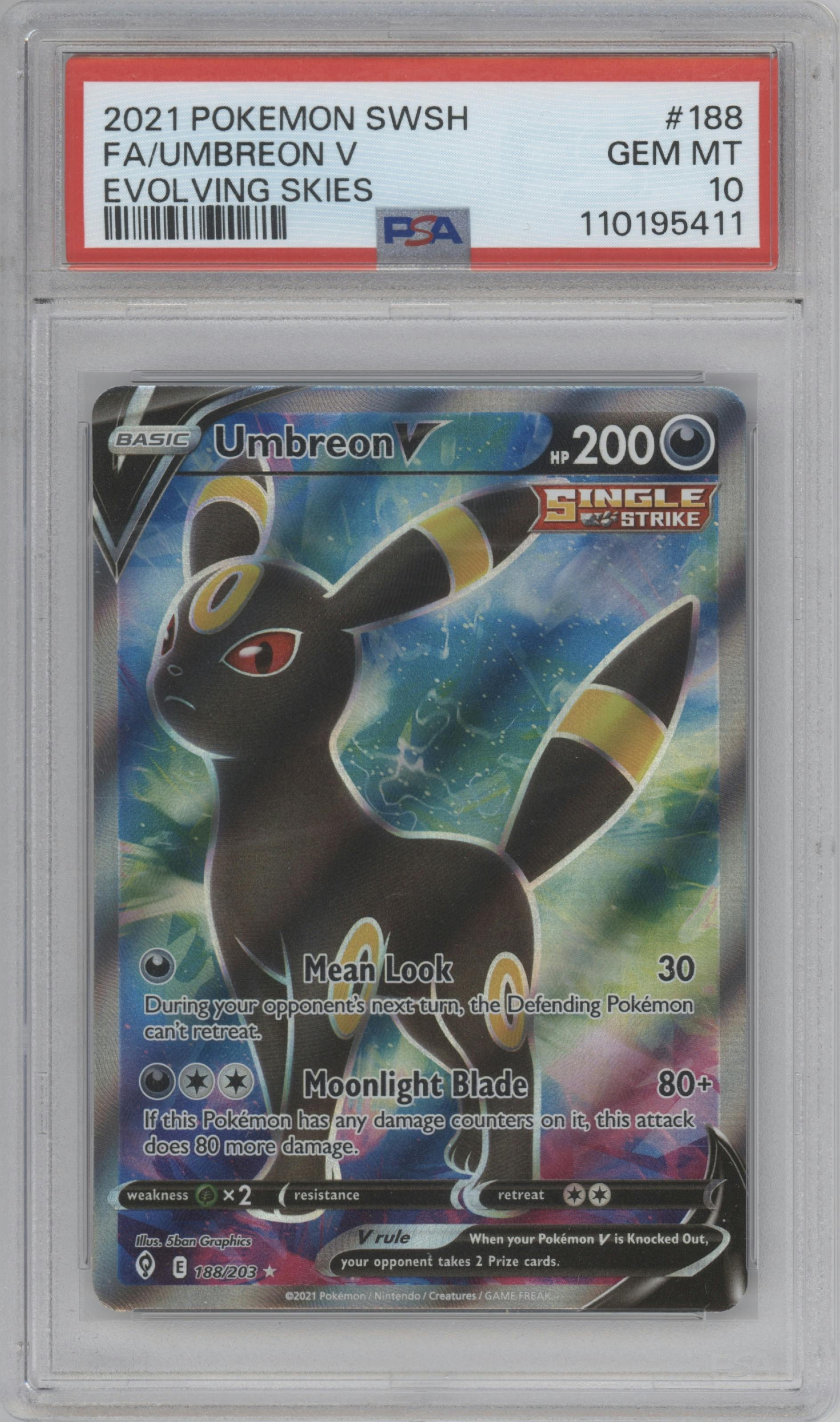 Umbreon V from the 2021 Pokemon SWSH set graded by PSA and given an overall grade of 10.