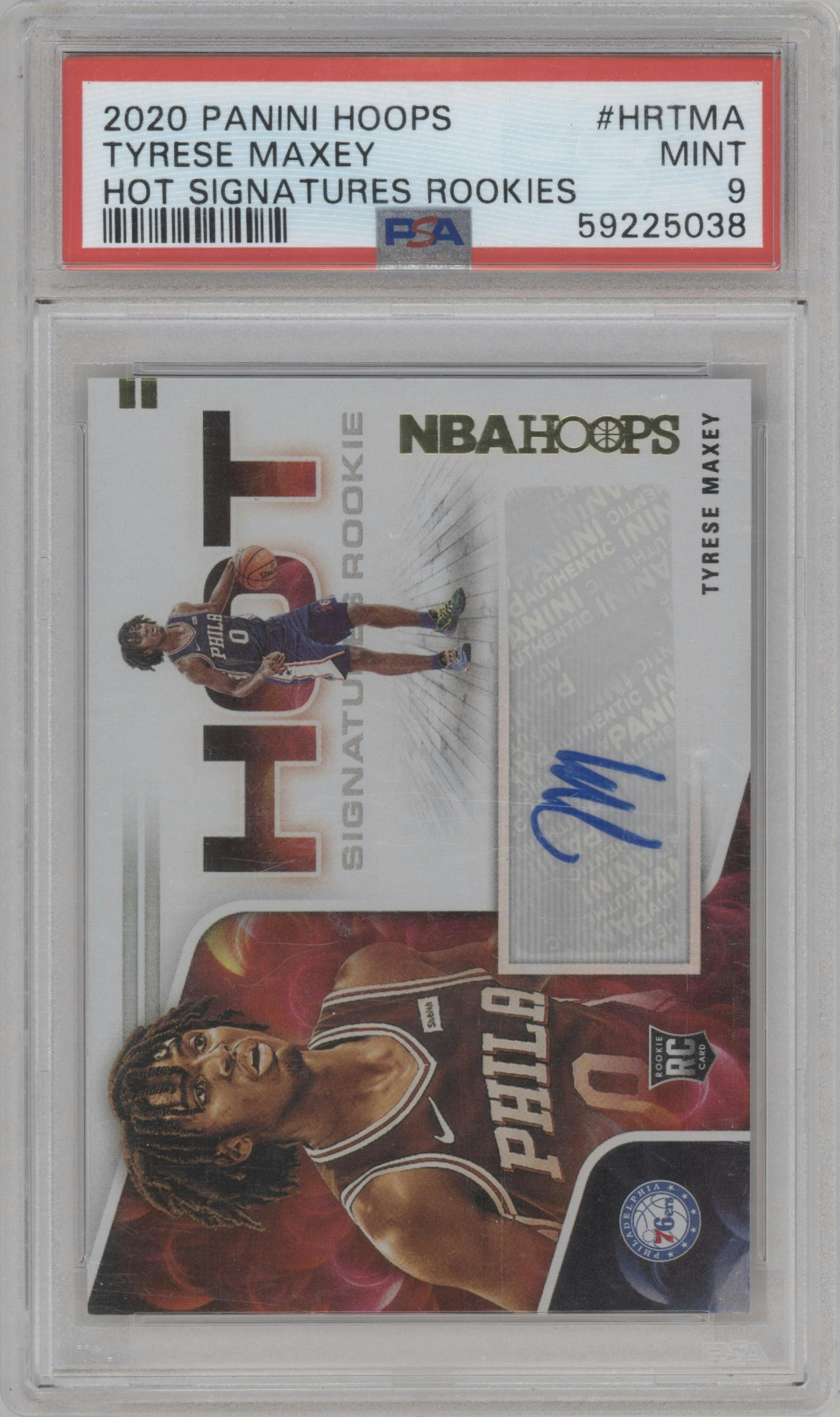 Tyrese Maxey from the 2020-21 Panini NBA Hoops set graded by PSA and given an overall grade of 9.