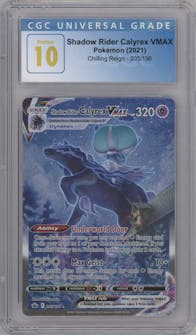 Shadow Rider Calyrex VMAX from the 2021 Pokemon SWSH set graded by CSG and given an overall grade of 10.