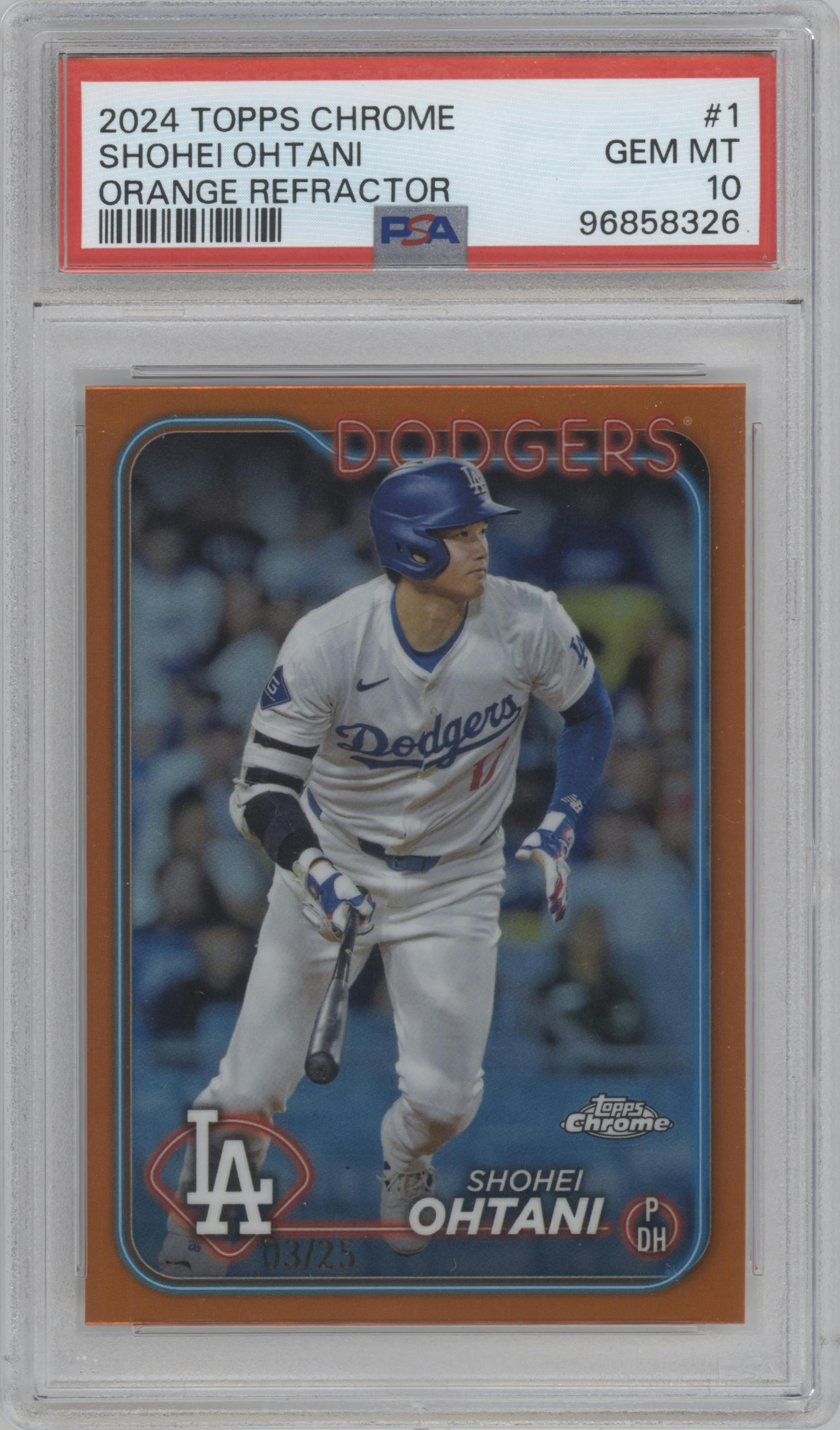 Shohei Ohtani from the 2024 Topps Chrome set featuring a Orange Refractor parallel graded by PSA and given an overall grade of 10.