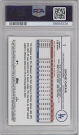 Shohei Ohtani from the 2024 Topps Chrome set featuring a Orange Refractor parallel graded by PSA and given an overall grade of 10.