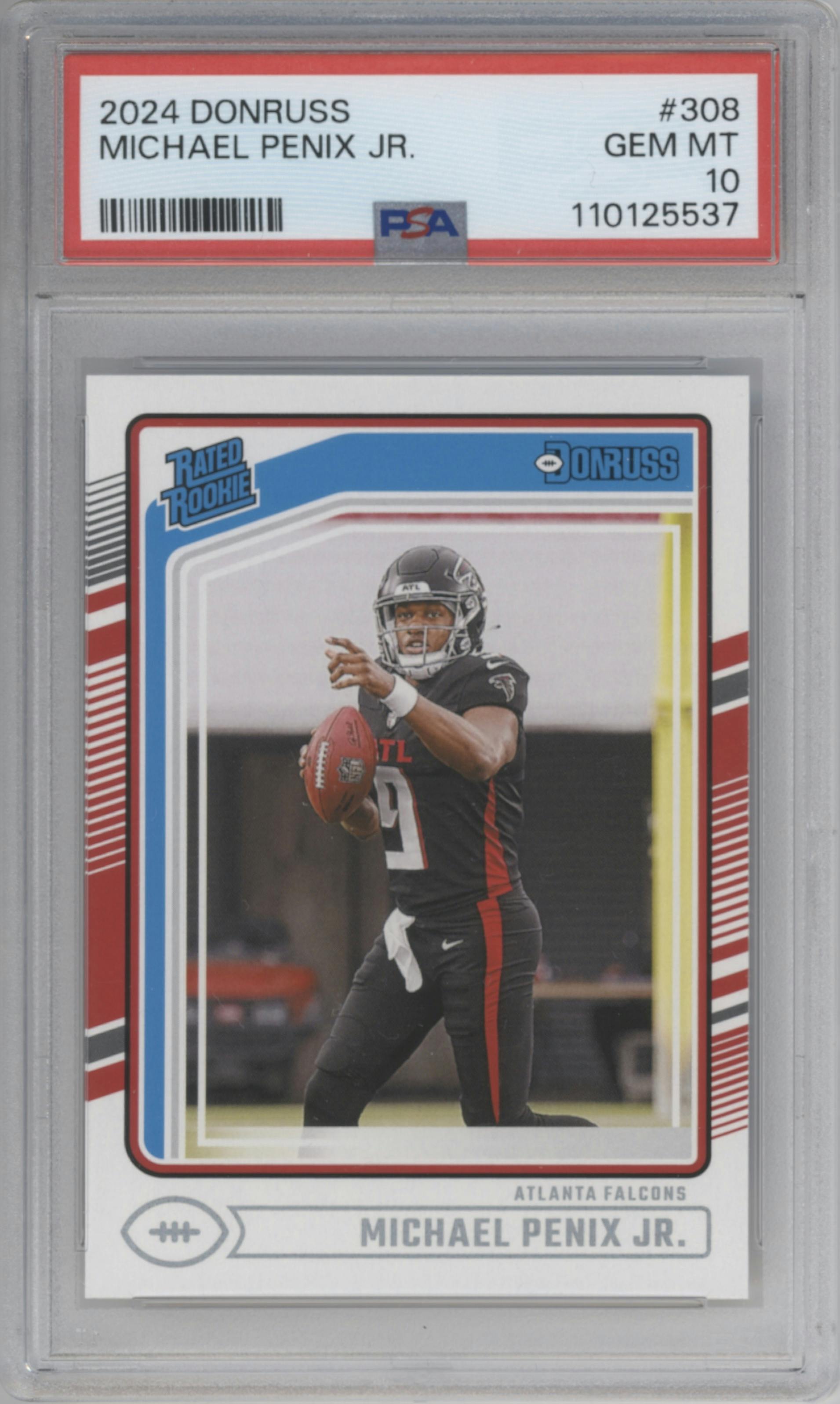 Michael Penix Jr. from the 2024 Donruss set graded by PSA and given an overall grade of 10.