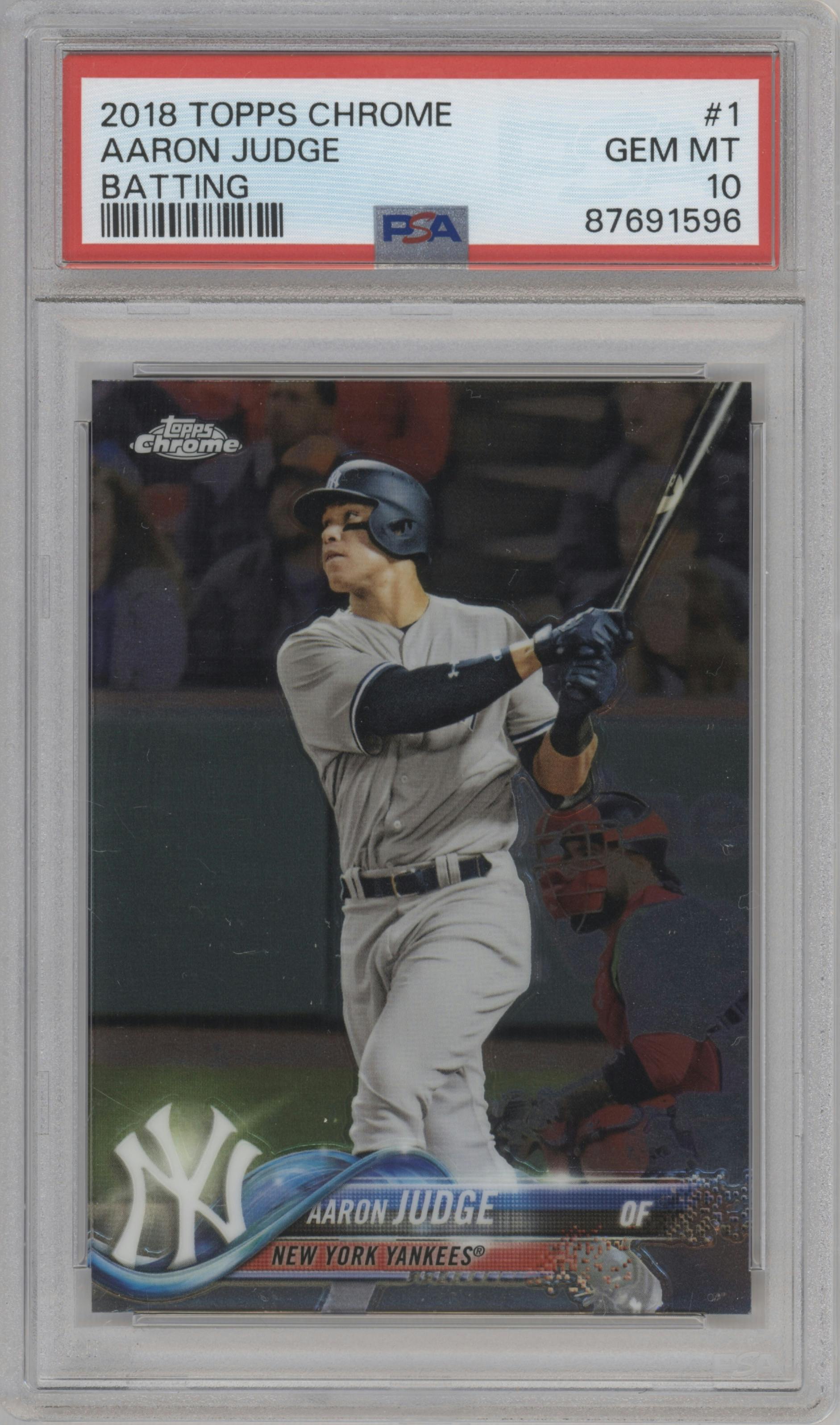 Aaron Judge from the 2018 Topps Chrome set graded by PSA and given an overall grade of 10.