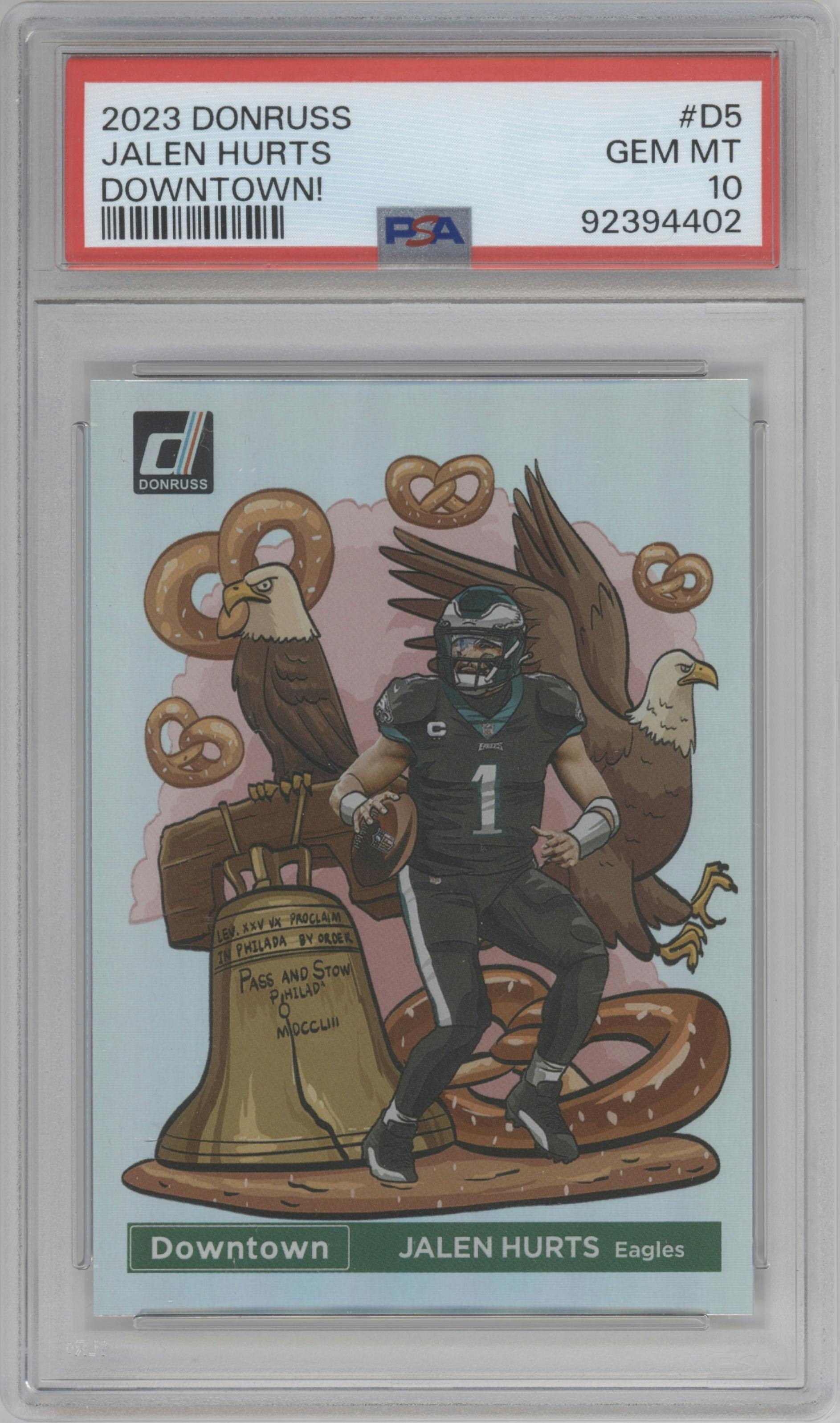 Jalen Hurts from the 2023 Panini Donruss set graded by PSA and given an overall grade of 10.