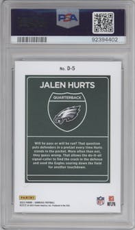 Jalen Hurts from the 2023 Panini Donruss set graded by PSA and given an overall grade of 10.