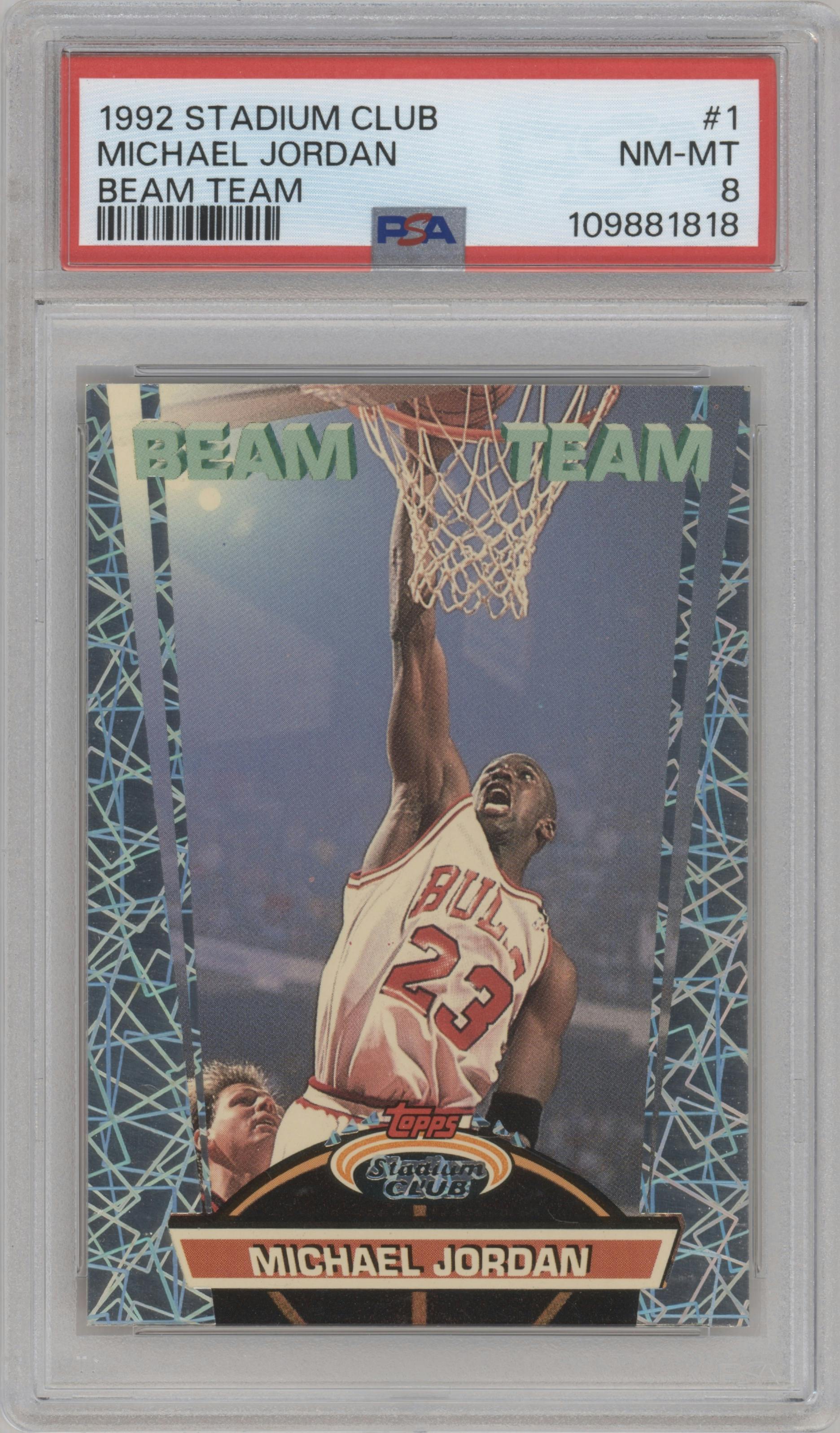Michael Jordan from the 1992-93 Topps Stadium Club set graded by PSA and given an overall grade of 8.