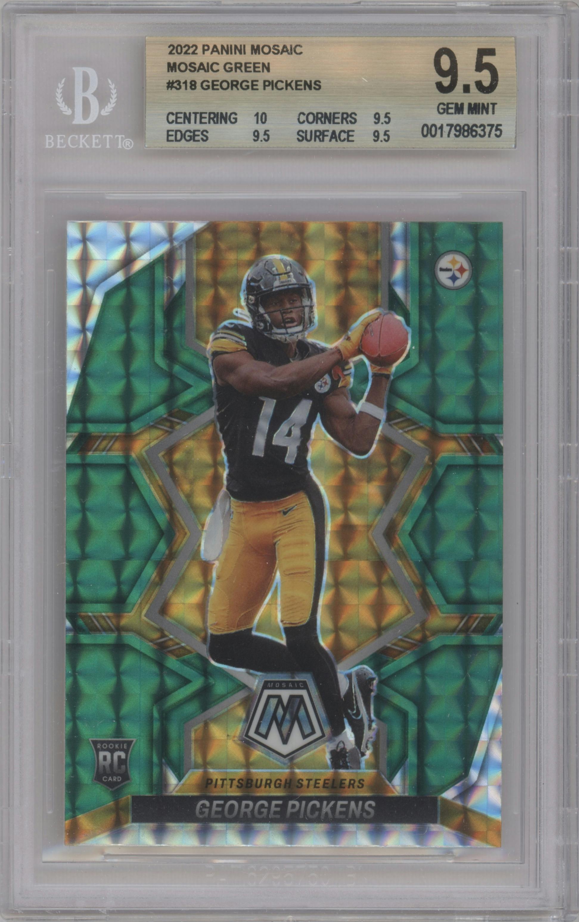 George Pickens from the 2022 Panini Mosaic set featuring a Green Mosaic parallel graded by Beckett and given an overall grade of 9.5.