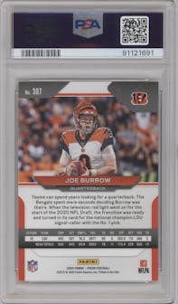 Joe Burrow from the 2020 Panini Prizm set graded by PSA and given an overall grade of 10.