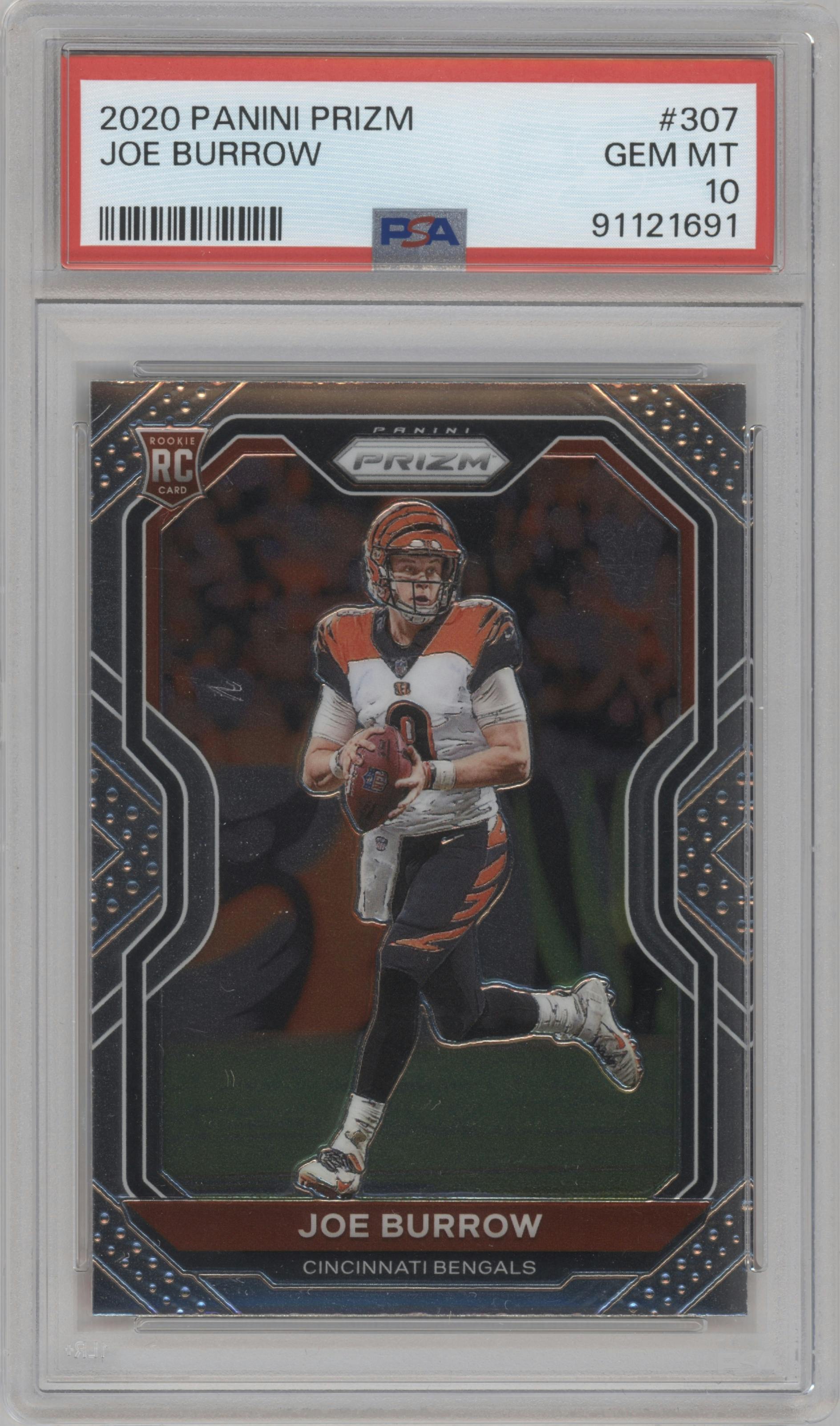 Joe Burrow from the 2020 Panini Prizm set graded by PSA and given an overall grade of 10.