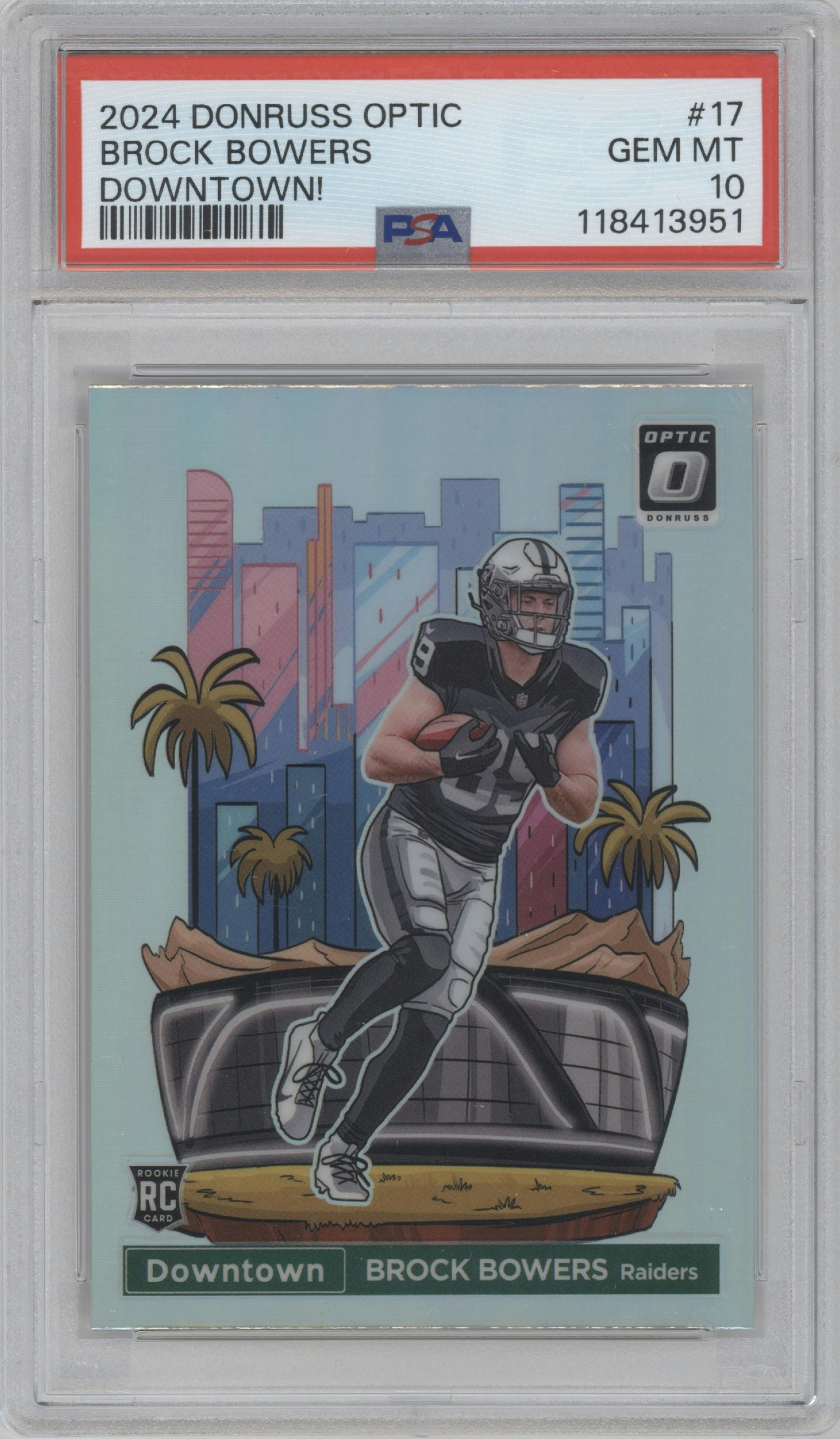 Brock Bowers from the 2024 Donruss Optic set graded by PSA and given an overall grade of 10.