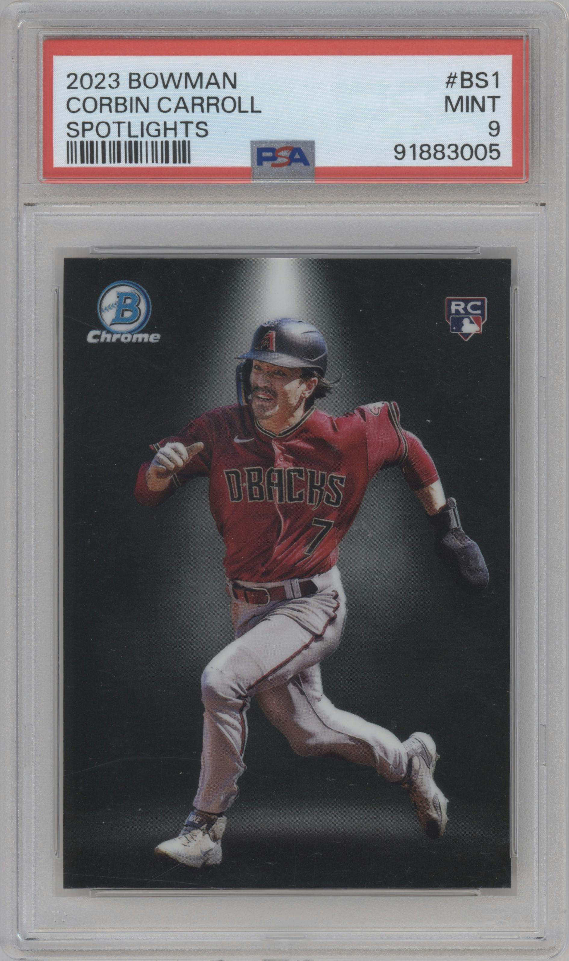 Corbin Carroll from the 2023 Bowman  set graded by PSA and given an overall grade of 9.