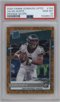 Jalen Hurts from the 2020 Panini Donruss Optic set featuring a Orange Scope parallel graded by PSA and given an overall grade of 10.